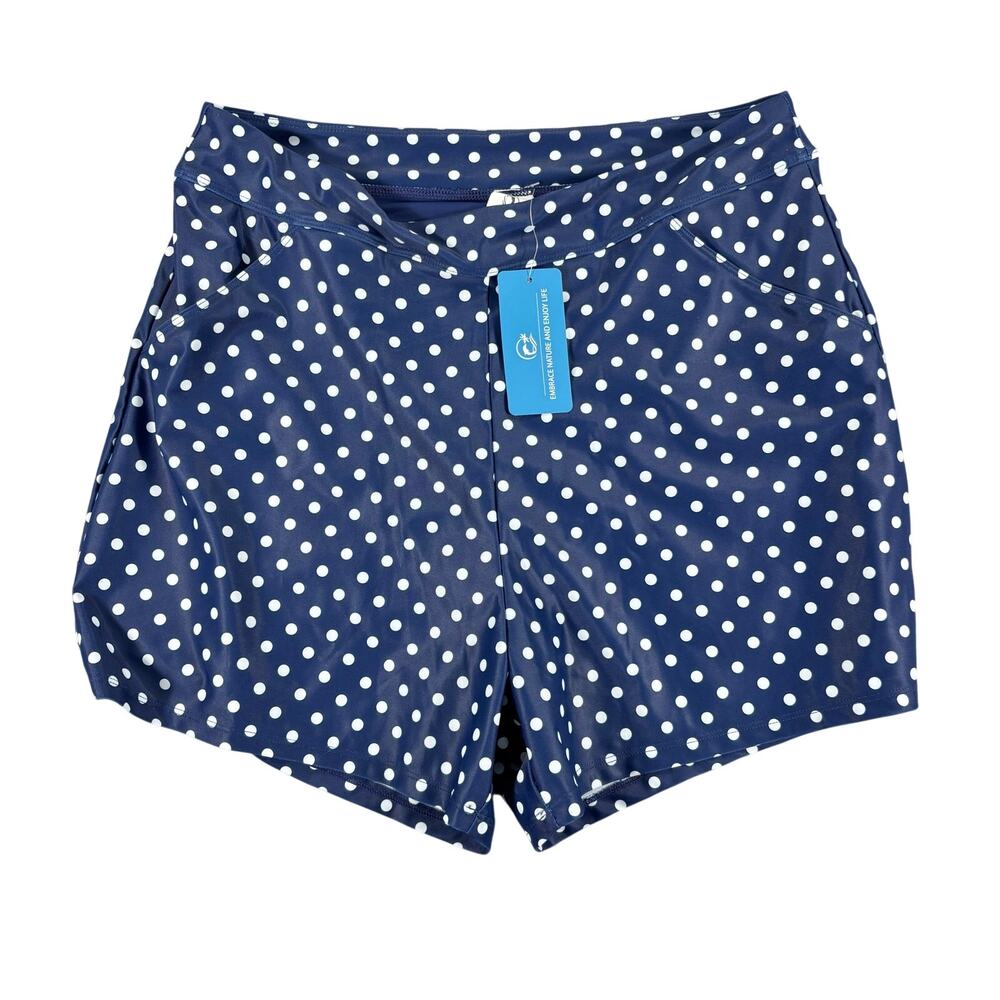 HALCURT Women’s 2XL Navy Polka Dot High Waist Swim Shorts Retro Coastal
